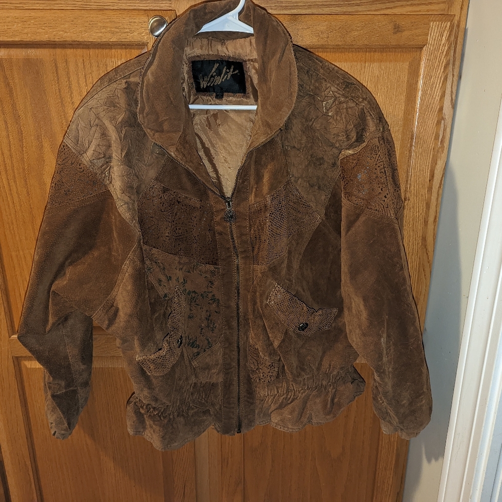 Vintage Winlit Patchwork Brown genuine Leather Jacket women size XXL